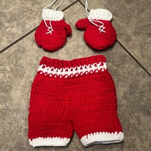 Knitted Boxing Red and White Baby Mittens and Pants Set